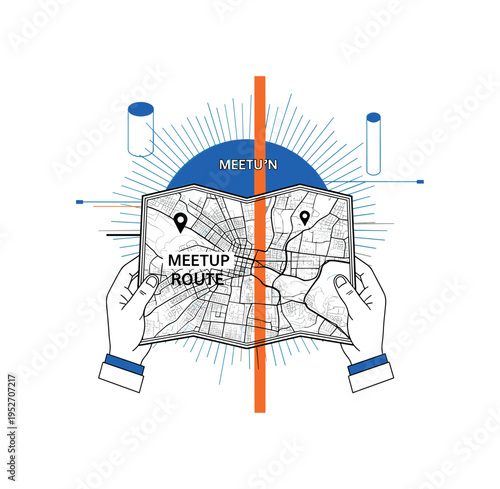 Black and white city map held open by two people planning meetup route, bold blue circular halo behind the map and orange vertical line dividing sections like