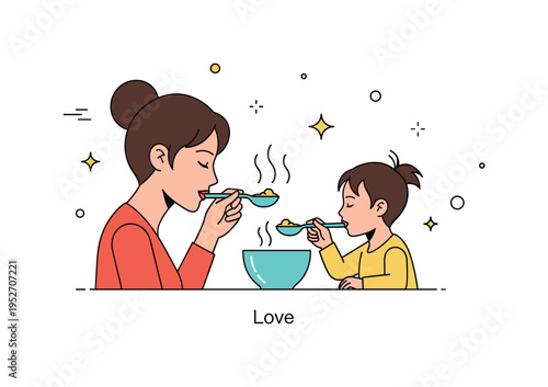 Mother and child tasting soup from a single spoon in a compact warm kitchen scene symbolizing trust, care, and shared everyday joy. Subtle steam lines and a