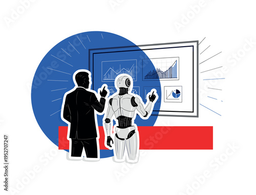 Black and white human and robot analyzing charts on a wall screen together, oversized cobalt blue circle behind the projected chart area, sharp red rectangular