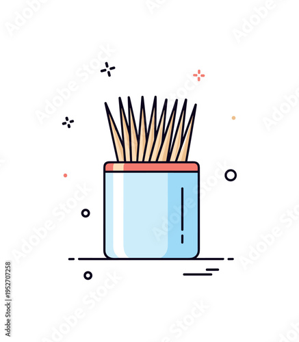 Toothpick holder small ceramic container with neatly arranged wooden toothpicks fanned slightly at the top, conveying tabletop order and subtle dining detail