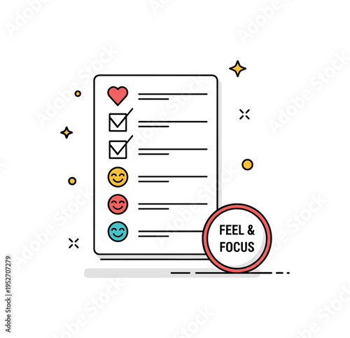 Task emotional tagging productivity concept illustrated by a simple checklist sheet paired with small color coded heart and smile icons attached to each task