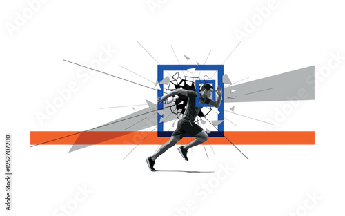 Black and white athlete breaking through abstract geometric barrier, bright electric blue square framing the breakthrough moment, orange horizontal stripe