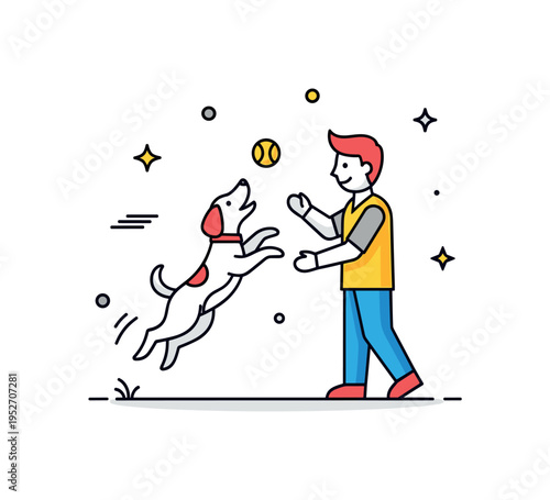 Playing fetch with a dog centered on a joyful pet mid jump reaching for a simple ball while the owner stands nearby, symbolizing energy and bonding through