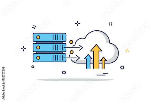 Virtual server hosting environment theme featuring a stacked server icon partially transforming into a cloud shape with upward data arrows. The scene