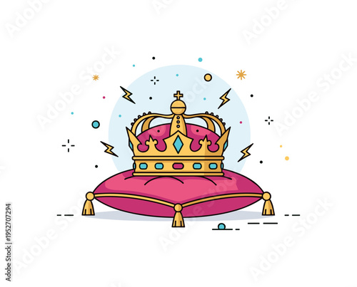 Ancient cursed crown resting on a velvet cushion with tiny lightning sparks and a faint halo of unsettling glow. The composition suggests power that demands a