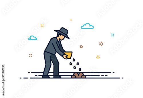 Farmer sowing field illustration featuring a simple silhouette scattering seeds across a minimal field line, expressing dedication and agricultural tradition.