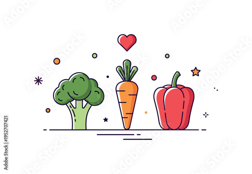 Vegetables healthy eating theme showing a neat arrangement of broccoli, carrot, and pepper icons centered with a small heart accent above. The composition