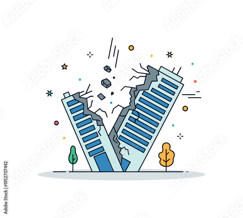 Building collapse emergency concept centered on a cracked high rise leaning to one side with falling debris pieces captured mid motion. The scene communicates