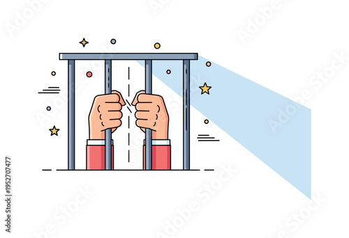 Hands gripping jail bars forming the central focus of a compact emotional scene expressing desperation and longing for freedom. A narrow beam of