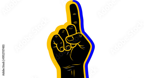 A graphic illustration of a black hand with its index finger pointing upwards, featuring yellow and blue outlines against a white background, resembling a foam finger.