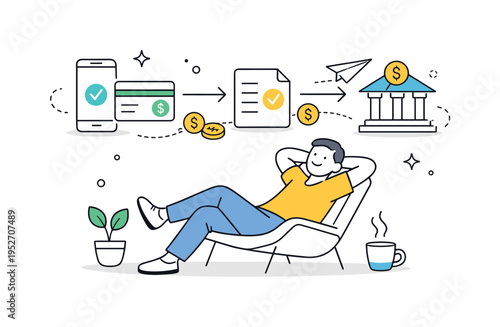 Hands-free payments. A simple illustration of automated payments running in the background while a person relaxes, freedom from routine tasks, calm and