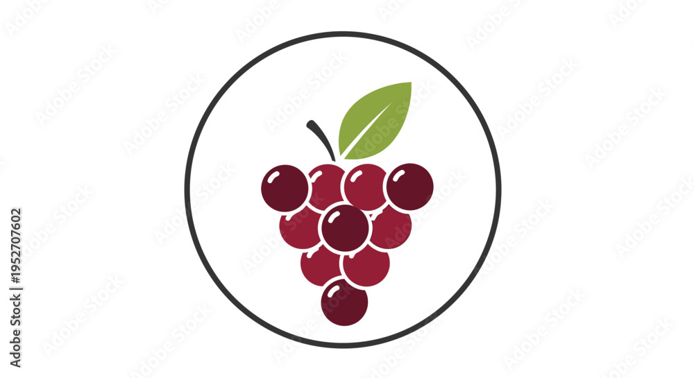 Obraz premium A simple graphic illustration of a bunch of red grapes with a green leaf and stem, enclosed in a black circle on a white background.