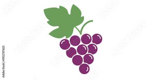 A simple graphic illustration of a bunch of purple grapes with a single green leaf, depicted on a plain white background.