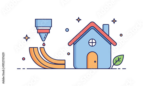 Sustainable 3D printed home eco friendly house icon paired with a robotic nozzle depositing curved wall segments and a small leaf accent, conveying