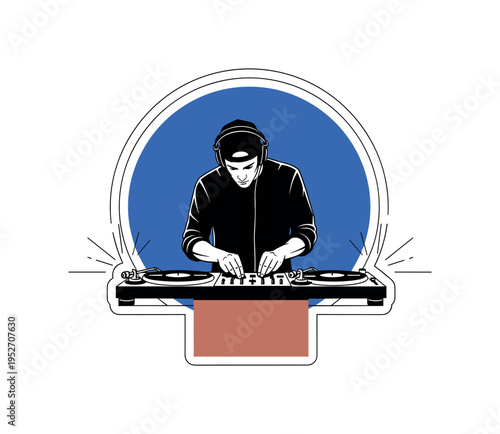 Black and white DJ performing at turntable setup, oversized electric blue circular halo behind equipment, muted terracotta rectangular base stabilizing lower