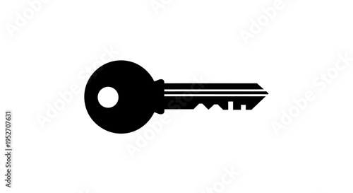 A simple black silhouette of a single metal key, often used for unlocking doors or mechanisms, isolated on a clean white background.