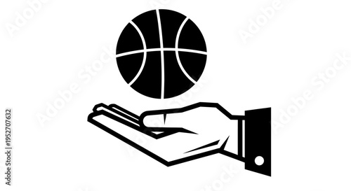 A black and white icon depicting a human hand with an open palm holding a basketball, symbolizing sports, play, and athletic activity.
