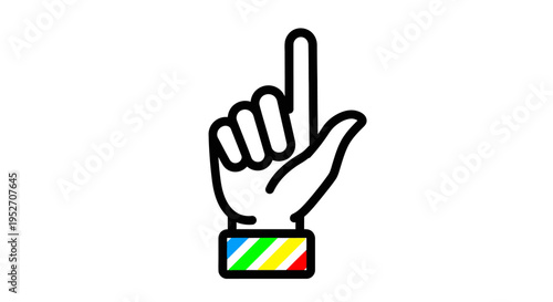 Outline of Hand with Index Finger Pointing Upwards and Colorful Striped Wristband on Isolated White Background.