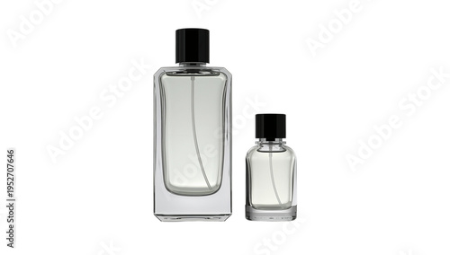 Two elegantly designed clear glass fragrance bottles, one larger and one smaller, with sleek black caps, presented against a pristine white background, perfect for beauty product concepts