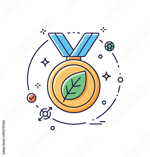 Sustainability award symbolized by a green leaf integrated into a medal design representing environmental leadership and responsible innovation. Clean circular