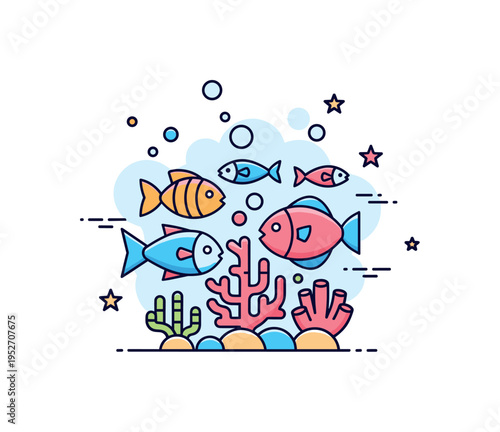 Ocean biodiversity stylized fish and coral cluster arranged in a small underwater scene with soft bubble details, symbolizing marine life richness