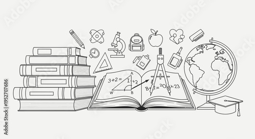 Line art illustration of education and school supplies with books, an open textbook, a globe, and various learning icons on a white background.