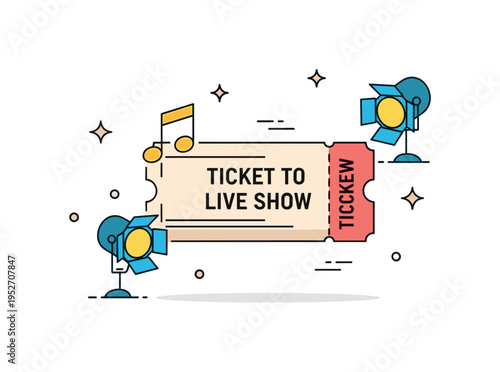 Ticket to live show stylized concert ticket with small music note and spotlight icons, representing anticipation and the thrill of attending a performance.