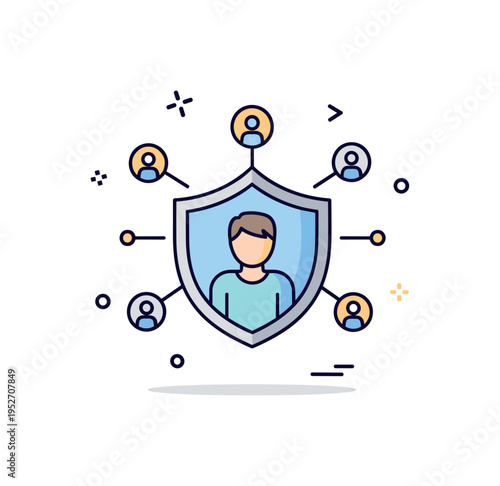 Data privacy awareness showing a user silhouette inside a protective shield with small data nodes around it, symbolizing safeguarding personal information. The
