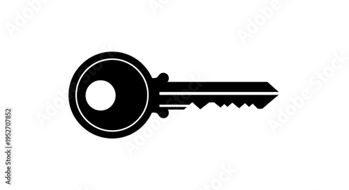 A simple black silhouette of a single metal key with a round head and serrated blade, isolated on a clean white background.