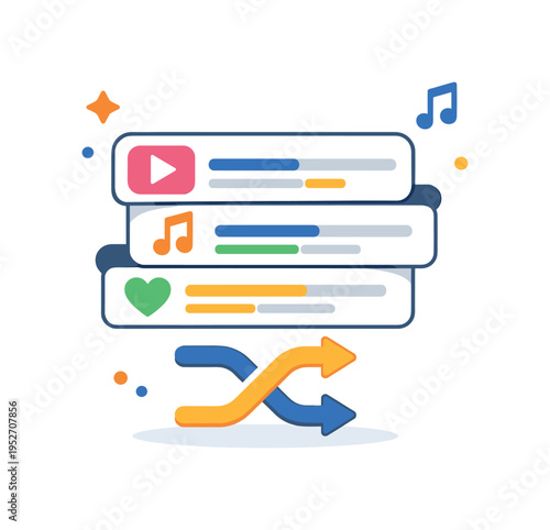 Music streaming player represented by a playlist screen with stacked tracks and a shuffle icon, symbolizing discovery, variety, and curated listening sessions.
