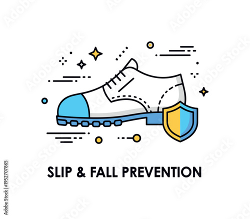 Slip and fall prevention message centered on a stable shoe icon with enhanced grip pattern and subtle shield accent, symbolizing protection, preparedness, and