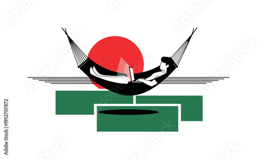 Black and white hammock scene with laptop resting on lap, oversized crimson sun circle partially cropped behind, forest green rectangular fields grounding the