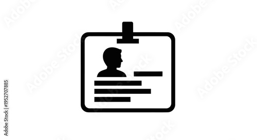 A minimalist black and white icon depicting an identification card or badge with a person's silhouette and text lines, featuring a clip at the top.