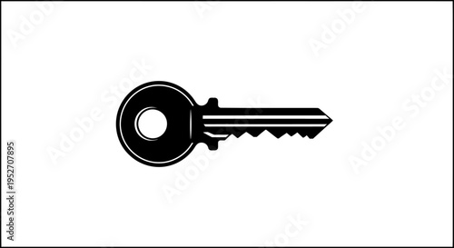 A simple black silhouette of a single metal key with a round head and jagged teeth, isolated on a clean white background.