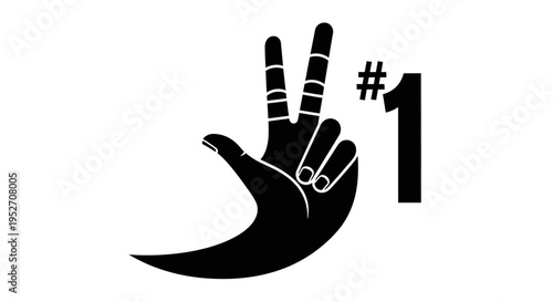 Black hand making a peace sign gesture with two fingers next to a bold number one symbol, representing victory or top achievement.