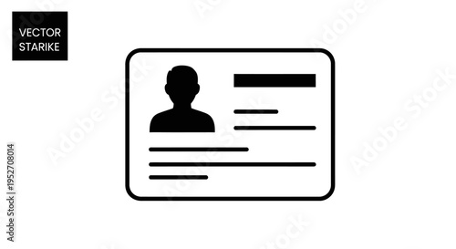 Simple black and white vector icon of an identification card or ID badge with a person's silhouette and text fields.