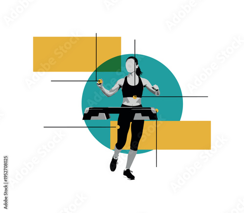 minimalist monochrome bust and legs of instructor leading step aerobics class, contrasted by bold teal circle and mustard yellow rectangular shapes, thin
