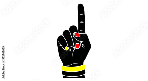 A black hand with red fingernails and a yellow bracelet pointing upwards against a white background.