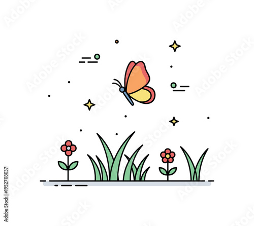 Butterflies over meadow delicate butterfly hovering above simple grass and flowers with tiny star accents, conveying lightness, joy, and natural balance.