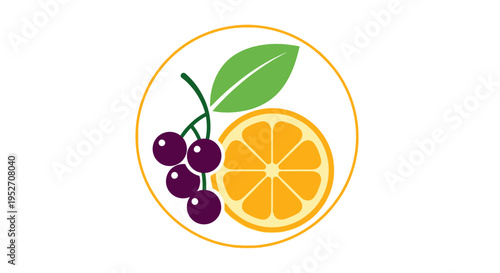Fresh Fruits Icon with Orange Slice, Cherries, and Grapes in a Circle Frame, Isolated White Background