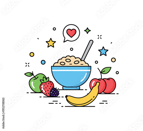 Healthy breakfast setup with a bowl of oatmeal and fresh fruit arranged as a small balanced badge of nutrition and vitality. A tiny heart icon suggests