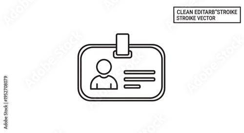 Line art icon of an identification card or employee badge with a person's profile and text details, featuring a clip.