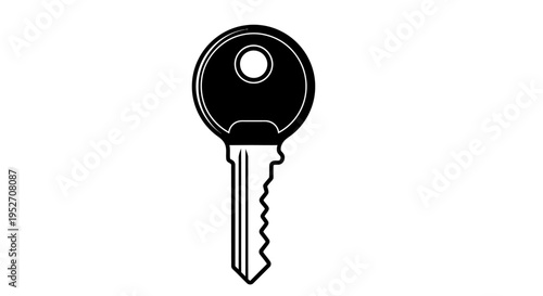 Simple black and white illustration of a single metal key with a round head and serrated blade, isolated on a white background.