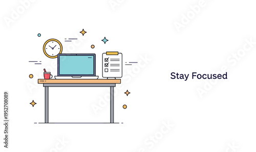Remote work productivity tips home office focus concept illustrated by a compact desk with a laptop, a small clock icon, and a neat checklist beside it. The