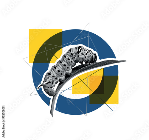black and white caterpillar chewing leaf edge in macro style, deep blue circular frame and yellow geometric blocks layered behind, thin intersecting lines