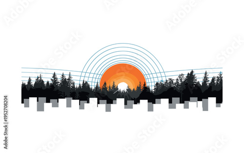 Black and white panoramic forest horizon with sun breaking through trees, bright orange circular backdrop centered low and blue concentric lines expanding