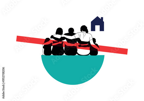 Black and white overlapping silhouettes of family members seated shoulder to shoulder, vivid teal half circle supporting the lower frame, bright red diagonal