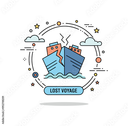 Maritime disaster symbol cracked ship hull framed within a circular badge with subtle wave accents and a small label Lost Voyage, expressing cautionary history