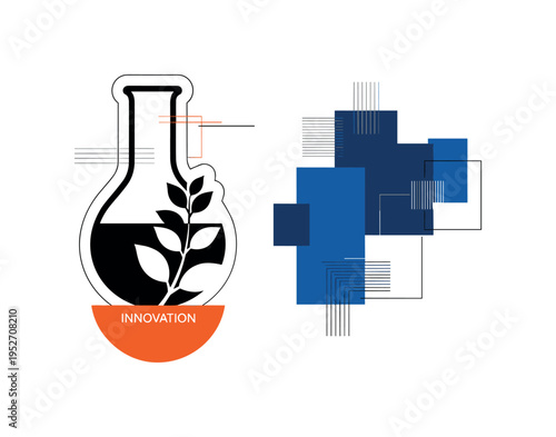 Black and white image of a laboratory flask blended with a plant silhouette, bright orange semicircle beneath symbolizing innovation, deep blue rectangular