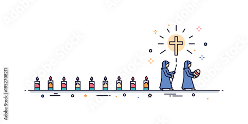 Easter Vigil procession illustrated by a line of small candle icons moving toward a central glowing cross symbol. The composition conveys unity, shared faith,